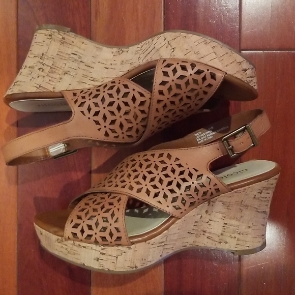 Never worn, Nicole, tan leather and cork platform sandals, size 6.5. - Picture 2 of 3